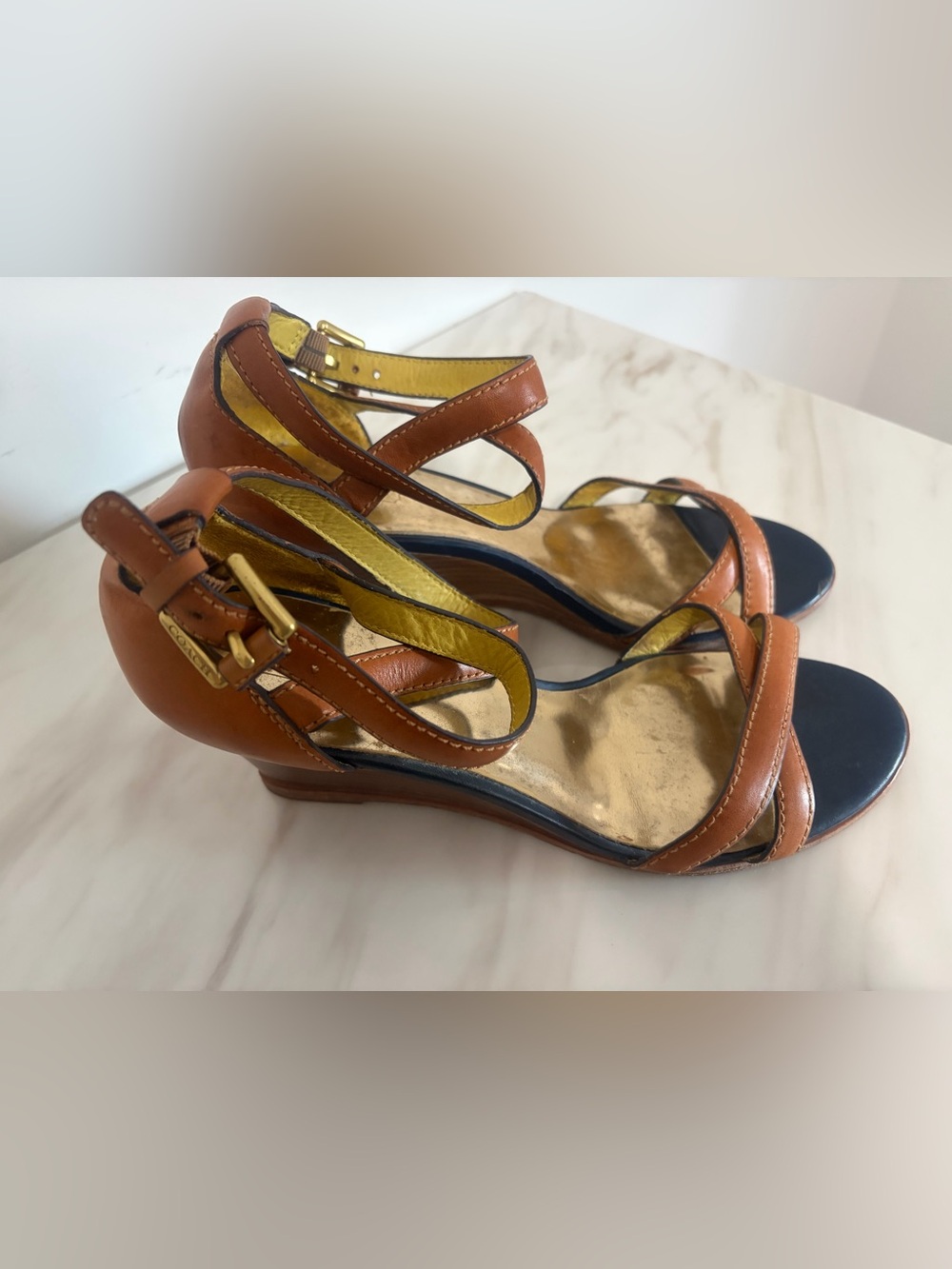Coach Vintage Brown Leather Strappy Wedge Sandals with Gold Accents
